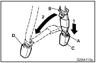 1. Pull the seat belt and fit tongue (A) into the black buckle (C). 2. Push