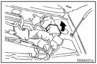 In the engine compartment, the fuse box is located as shown in the illustration.