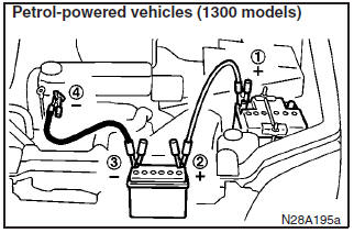 4. Connect one end of one jumper cable to the positive (+) terminal of the discharged