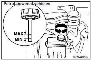 Check the fluid level in the reservoir while the engine is idling.