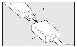 4. Connect the connector cable (C) to the USB input terminal (D).