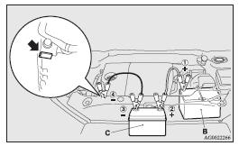 7. Connect one end of the other jumper cable to the negative (-) terminal of