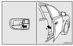 Set the inside lock knob (1) to the locked position, and close the door (2).