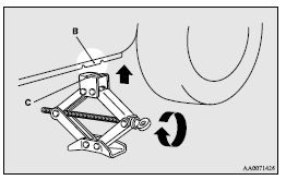 4. Insert the bar (D) into the wheel nut wrench (E). Then put the end of the