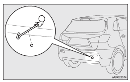 3. Use the wheel nut wrench (D) to firmly attach the towing hook.